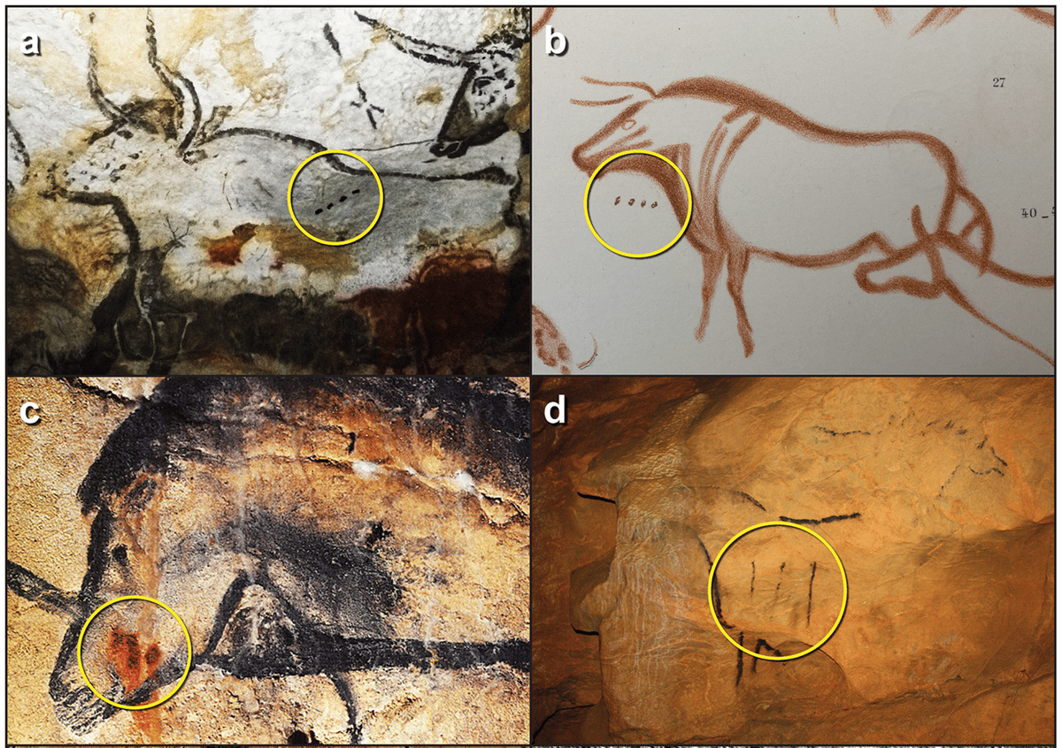 A series of early cave paintings isolating proto-writing elements