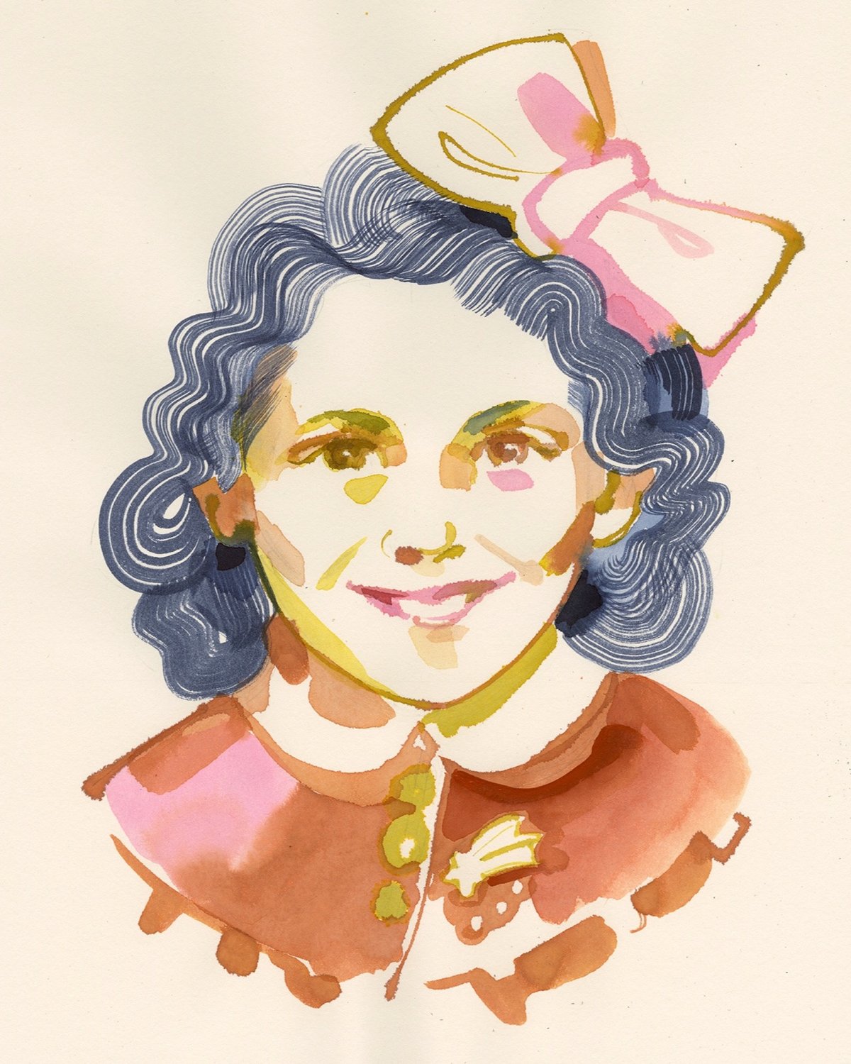 an illustration of a smiling girl with a big bow in her hair and a shooting star brooch