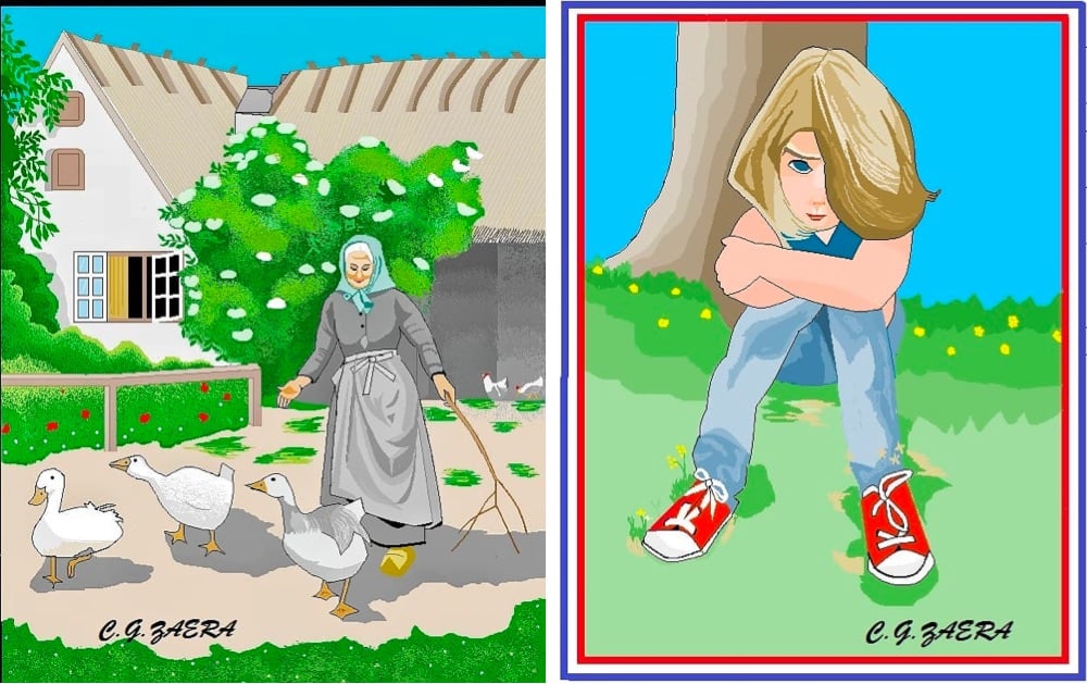 two digital paintings: th one on the left is of a woman hearding geese and the one on the right is of a blonde haired girl sitting by a tree, looking a little sad