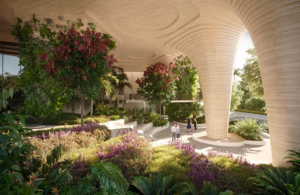 large building atrium with a bunch of trees and plants