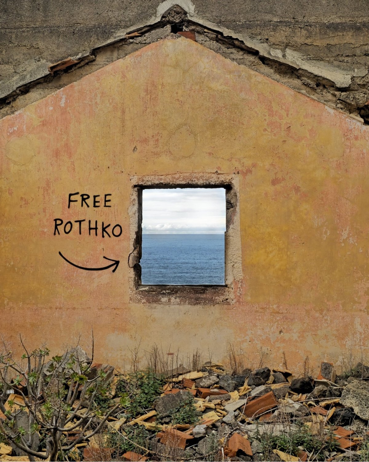 lettering on a wall that says 'Free Rothko' pointing to an open window, through which you can see a scene that looks like a Mark Rothko painting