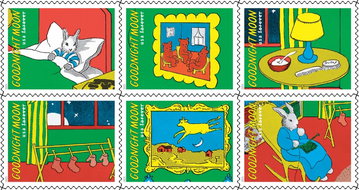 a stamp sheet with scenes from Goodnight Moon