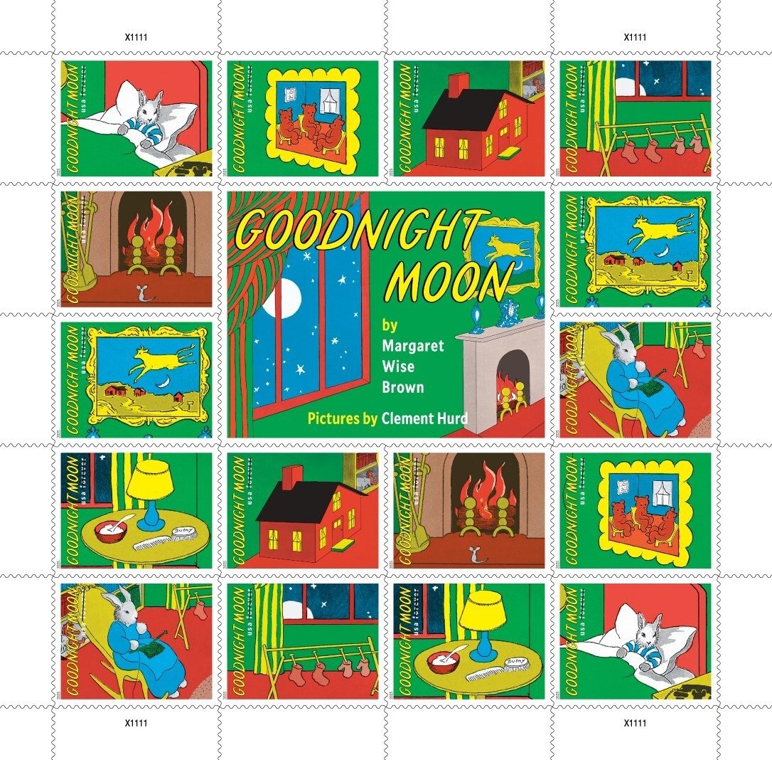 a stamp sheet with scenes from Goodnight Moon