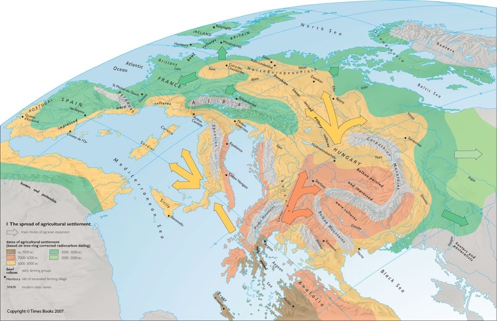 Map of the spread of the Agricultural Revolution