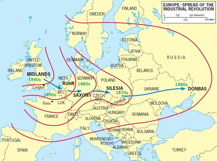 Map of the spread of the Industrial Revolution