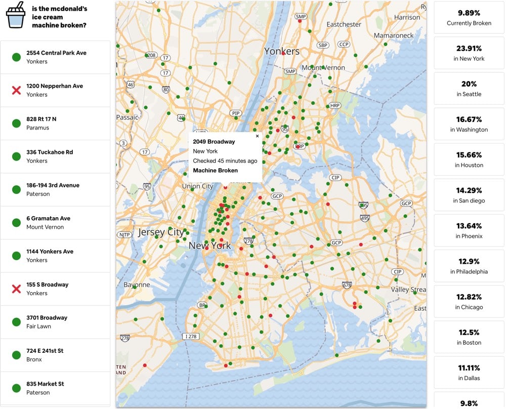 Map of McDonald's locations and their ice cream machine status