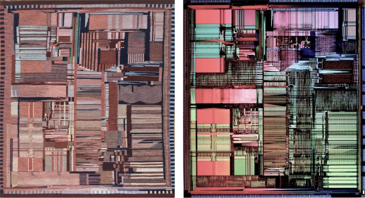 a Navajo weaving of a Pentium chip next to a microscopic image of the actual chip