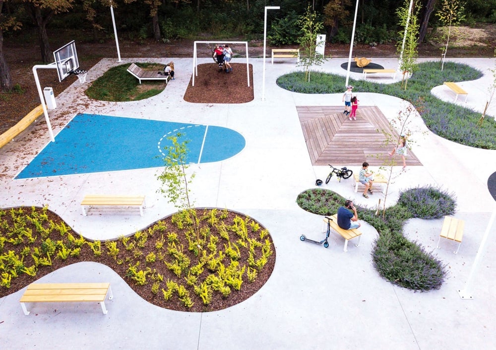 overhead view of a colorful and tidy park in Poland