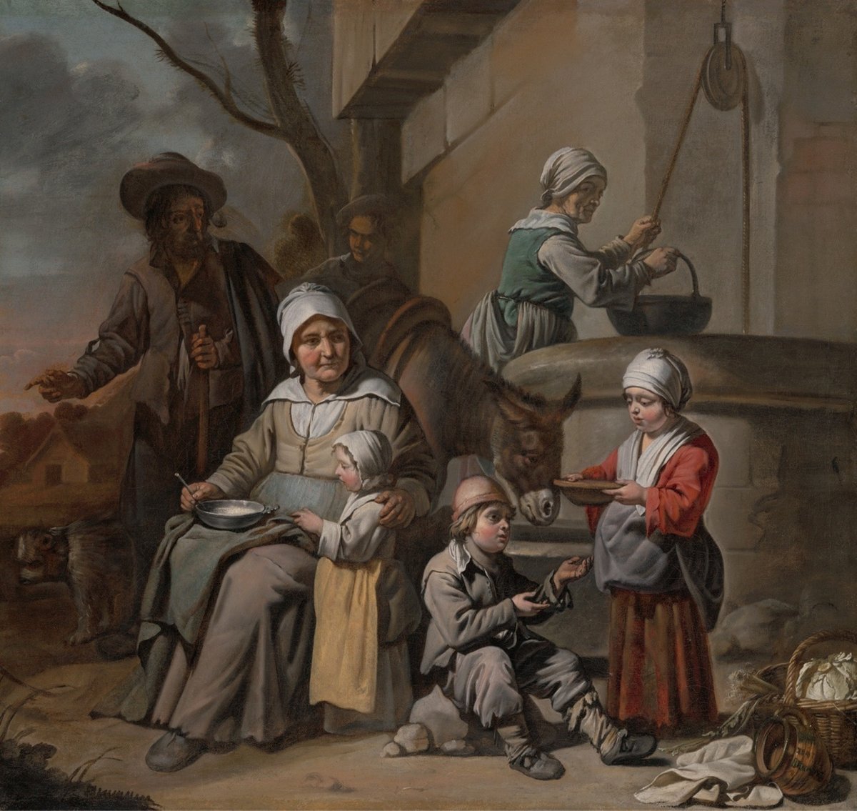 a painting of a woman sitting with children next to a well