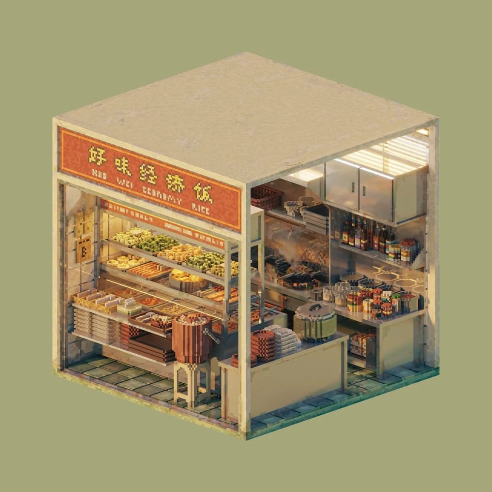 3D pixel illustration of a Malaysian hawker stall