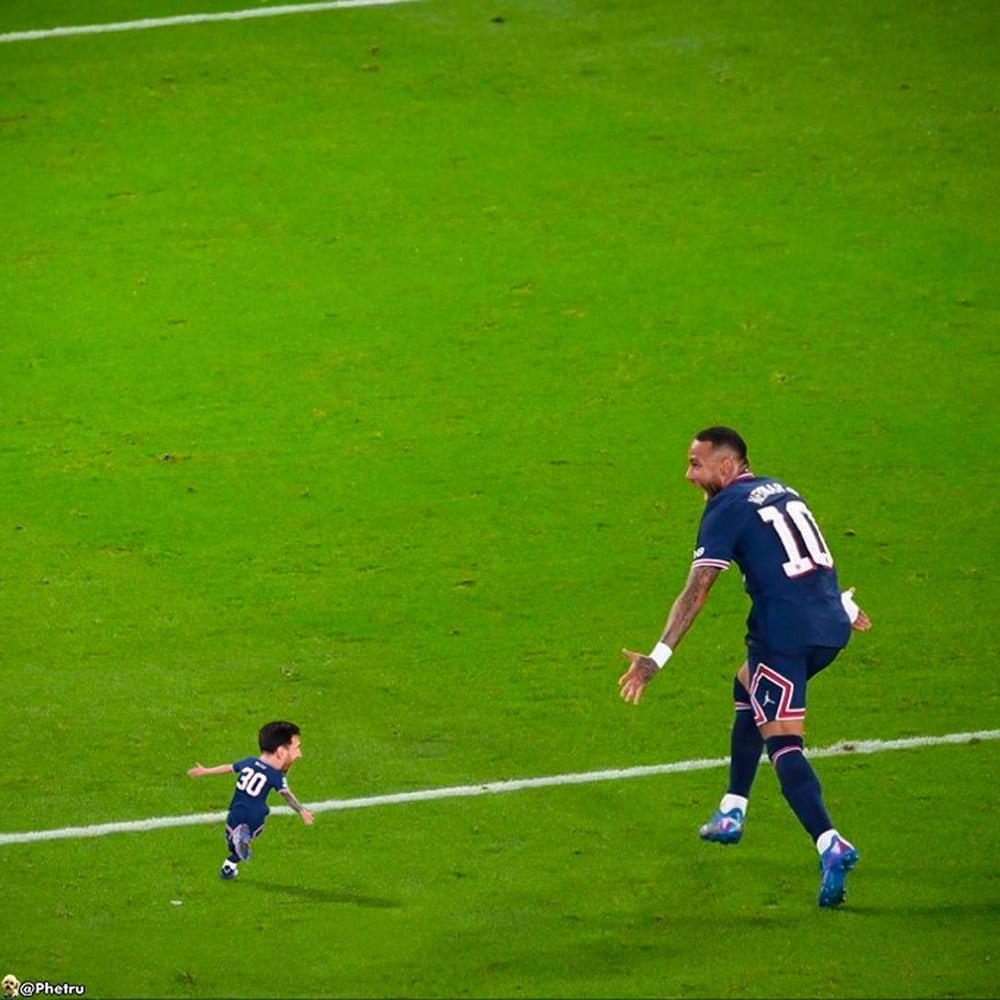 a tiny Lionel Messi celebrating a goal with a normal sized Neymar