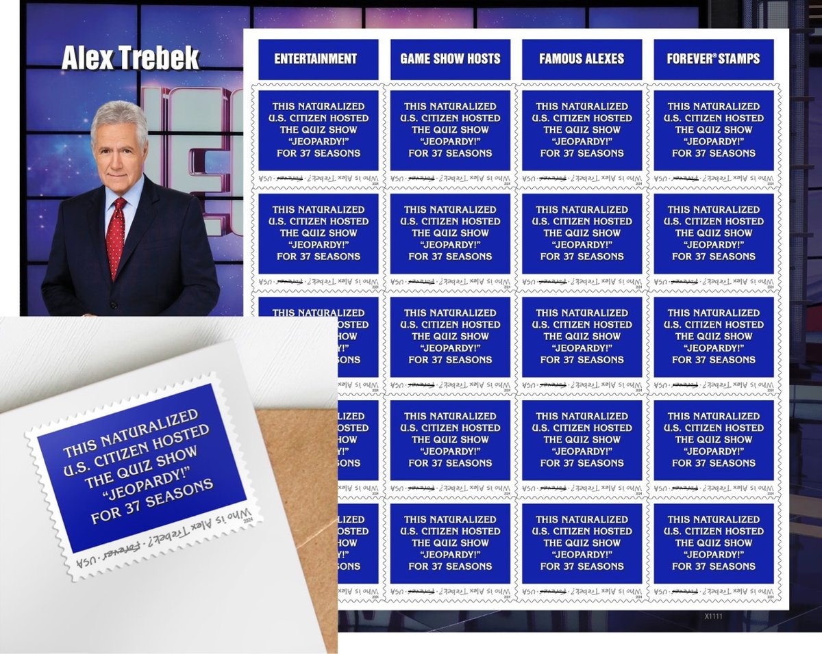 a sheet of USPS stamps honoring Alex Trebek