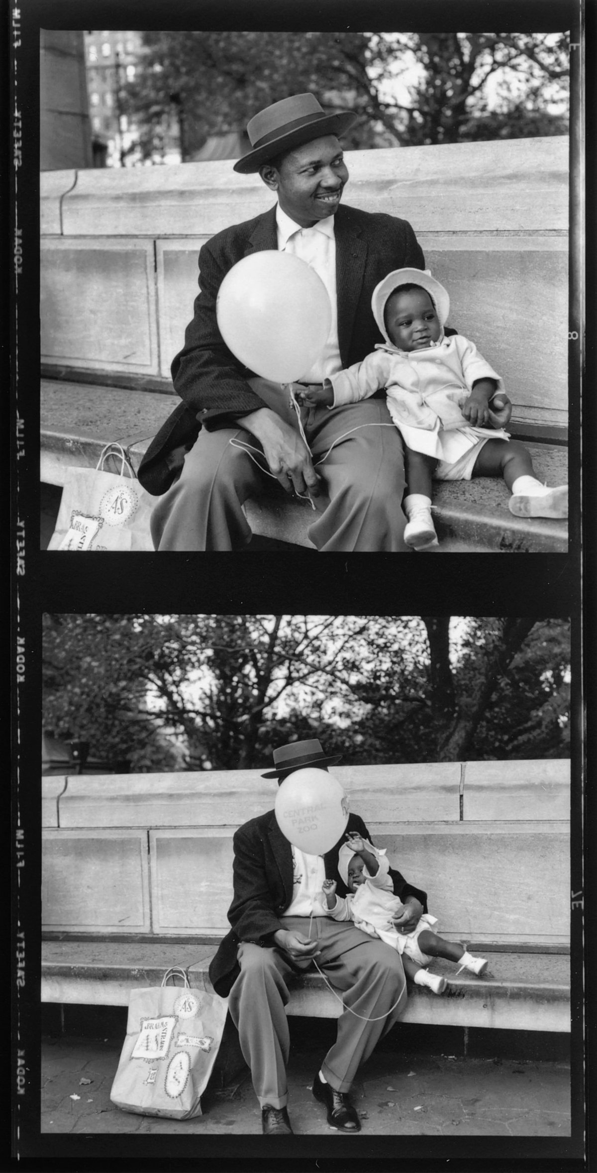 two black & white photos of a man and a child sittng on a bench with a balloon