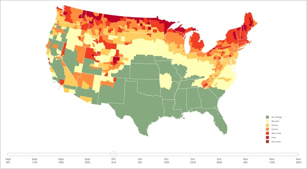 a map of the United States that shows where the leaves are going to start changing colors and when