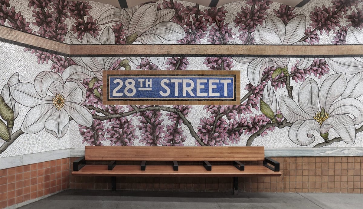 NYC subway mosaic pattern of beautiful pink and white blossoms