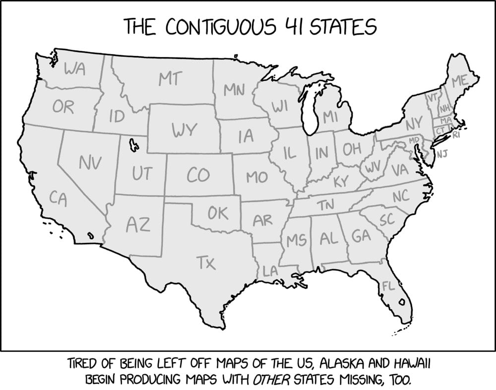 map of the lower United States with 7 states missing