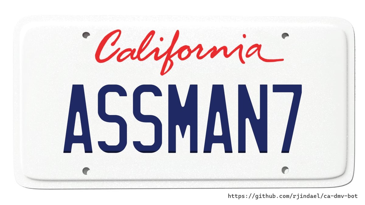 A mockup of a California vanity licnese plate reading ASSMAN7