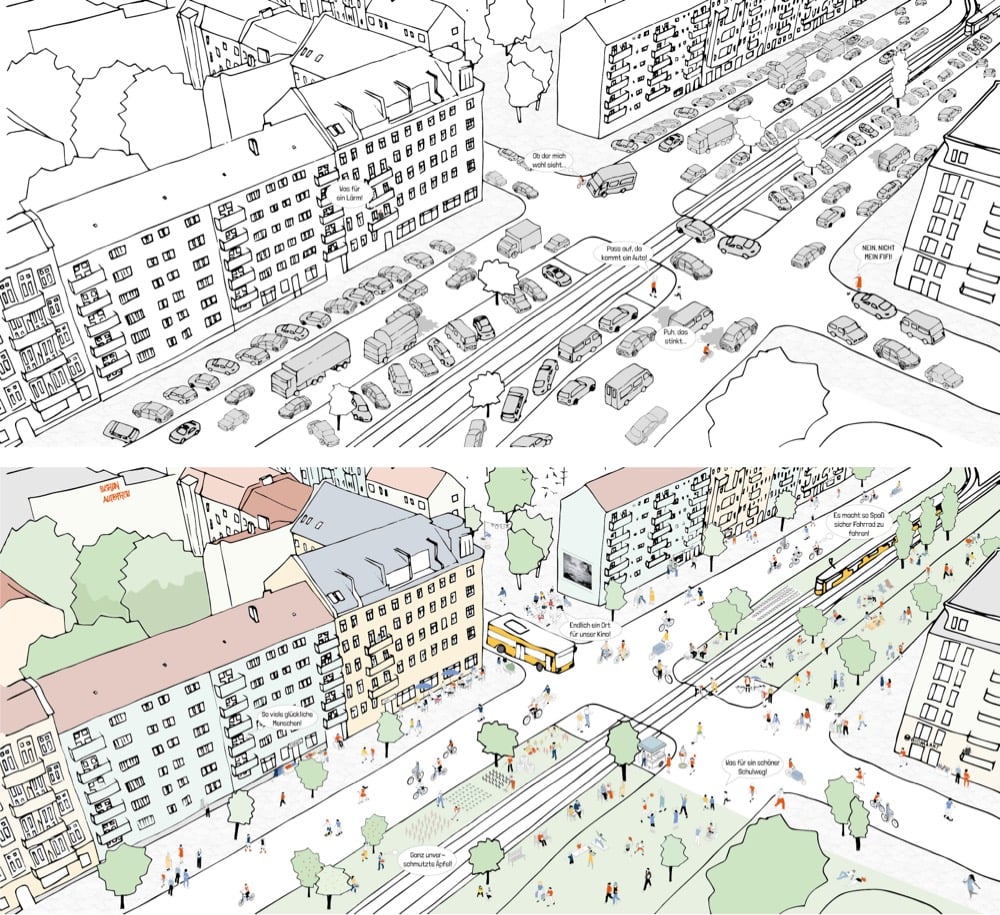 Berlin pictured with and without cars on the streets