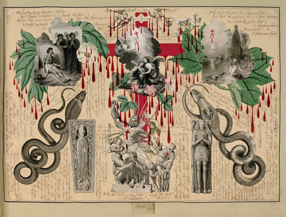 a collage featuring religious scenes, nature, and dripping blood