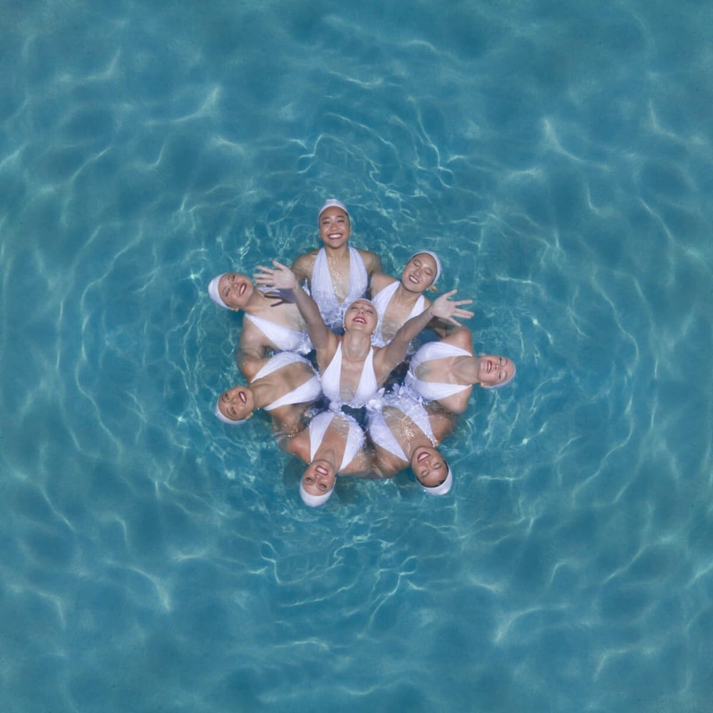 aerial view of synchronized swimmers