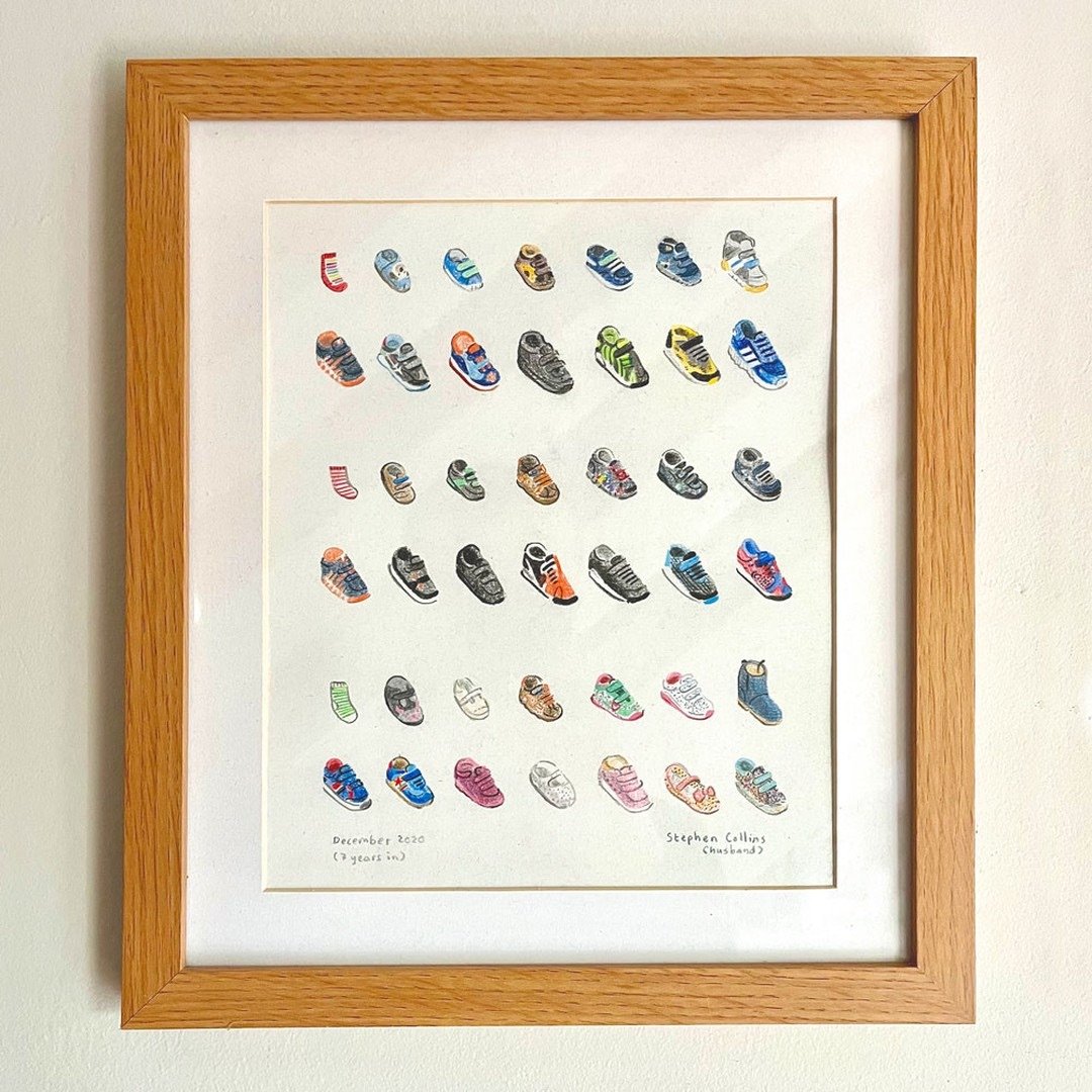 drawings of children's shoes, ordered into six rows