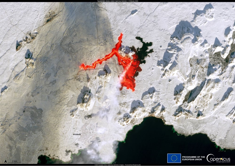 satellite image of a volcanic eruption on Iceland's Reykjanes Peninsula