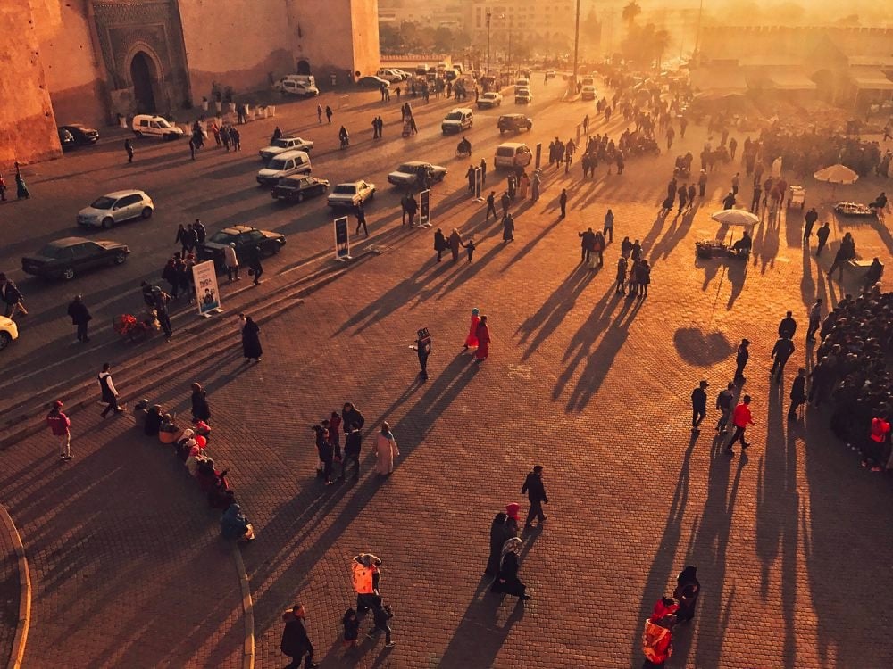 a street scene at sunset