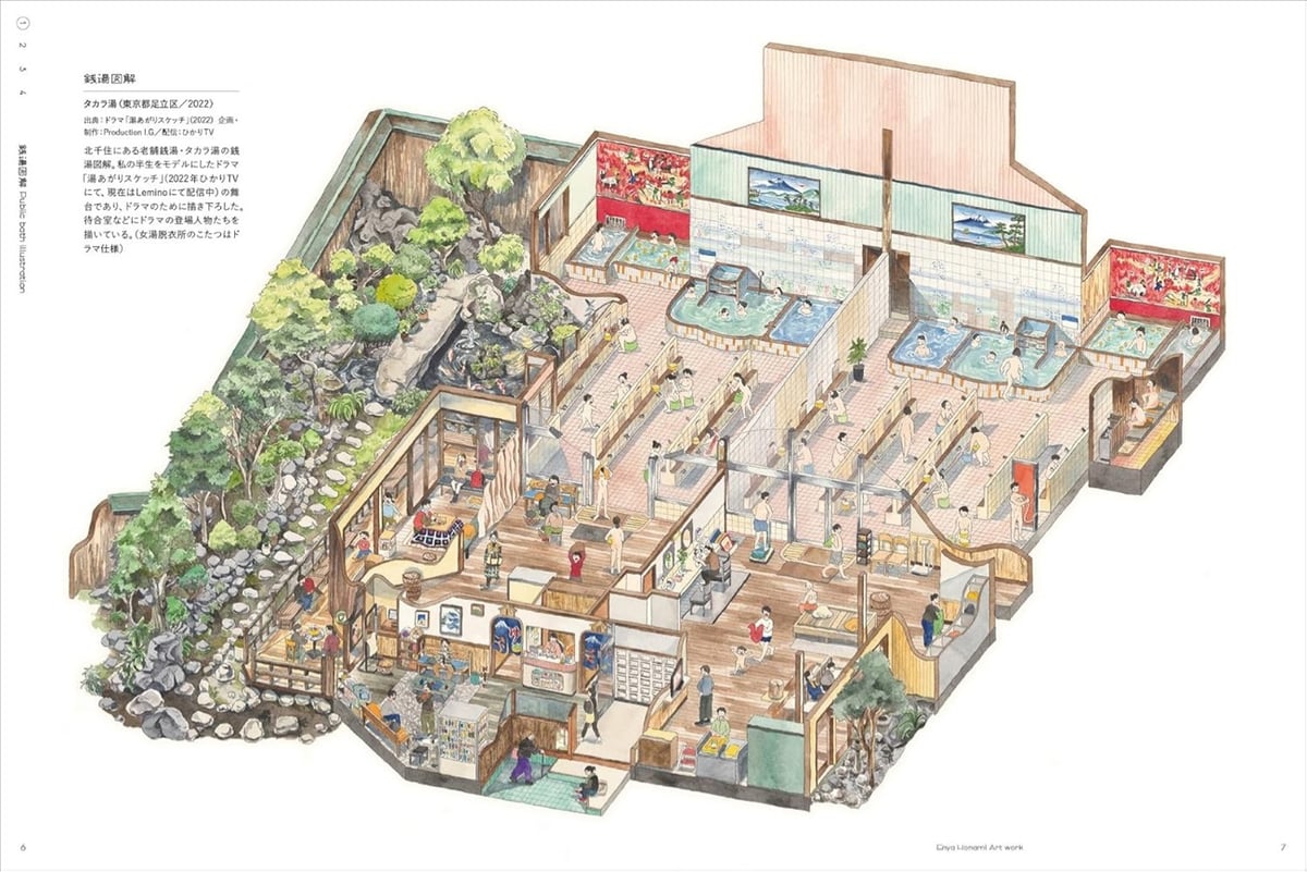 isometric cutaway drawing of a Japanese bathhouse