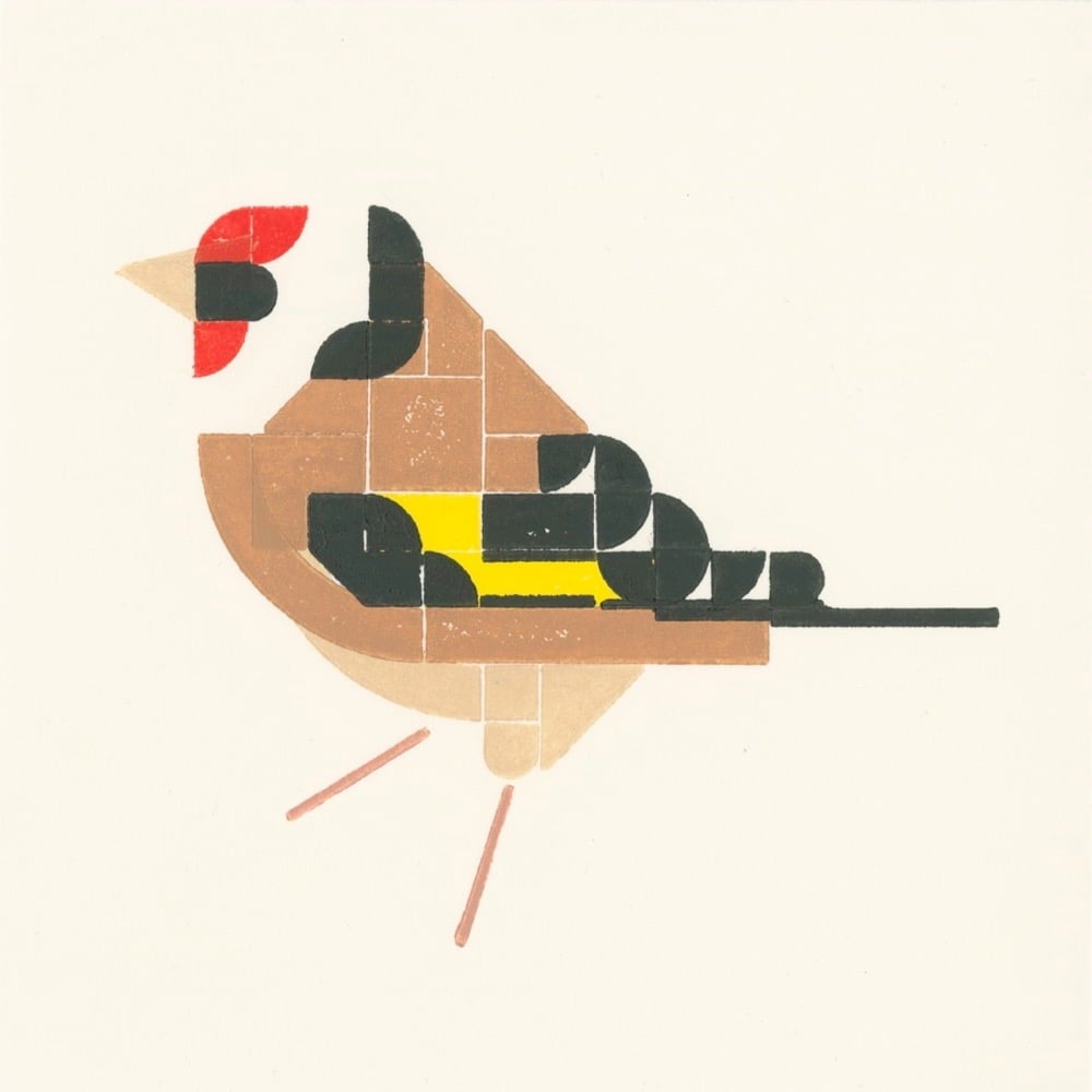 letterpress print of a bird printed using Lego bricks