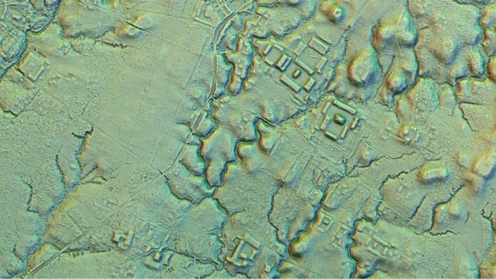 lidar image of straight roads and structures built by an ancient Amazonian civilization