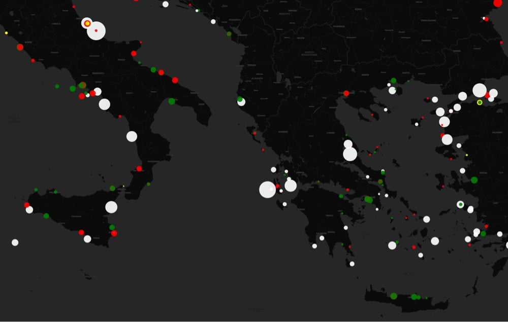 a small section of a world lighthouse map showing the location of lighthouses in the Mediterranean Sea