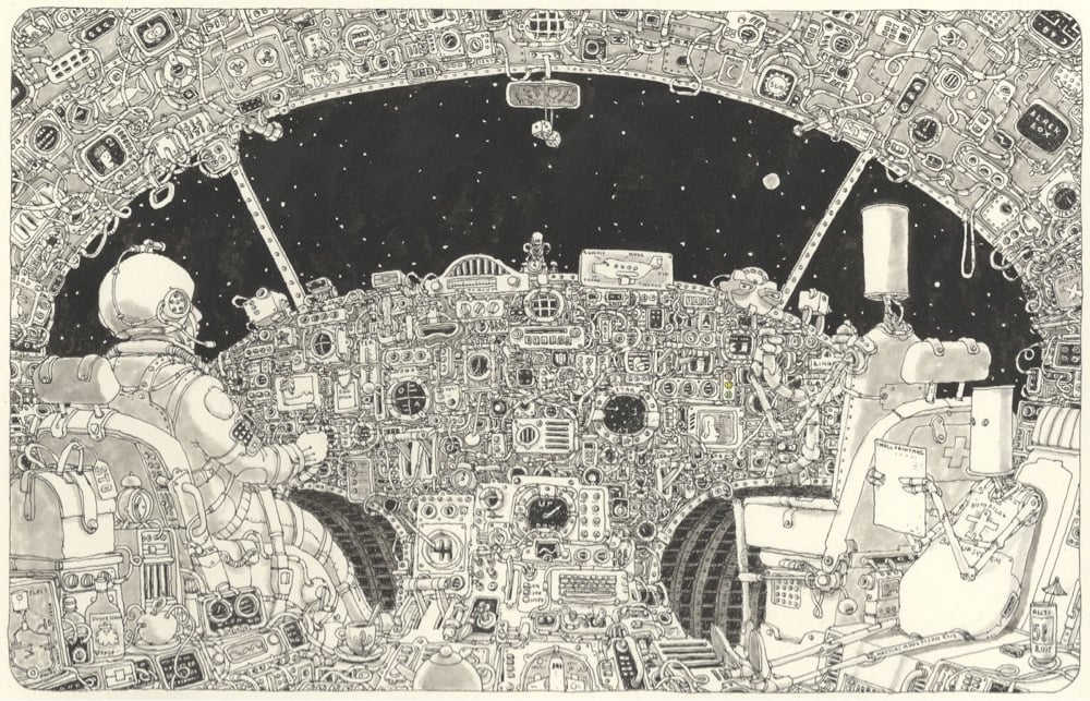 black & white illustration of a steampunk spacecraft interior