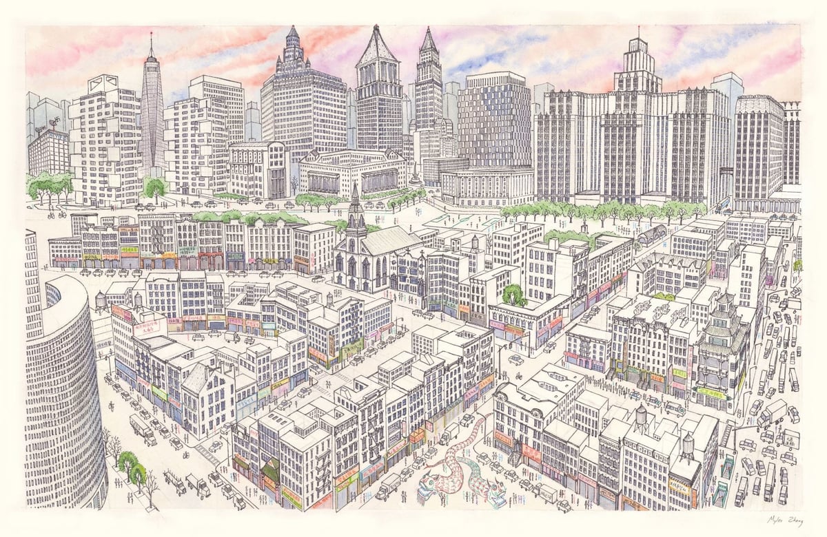 a drawing of Chinatown in NYC: Chinatown's tenements are in the foreground, while the skyscraper canyons of Lower Manhattan rise on top. This shows the area of Chinatown bordered by Bowery, Canal Street, and Columbus Park.