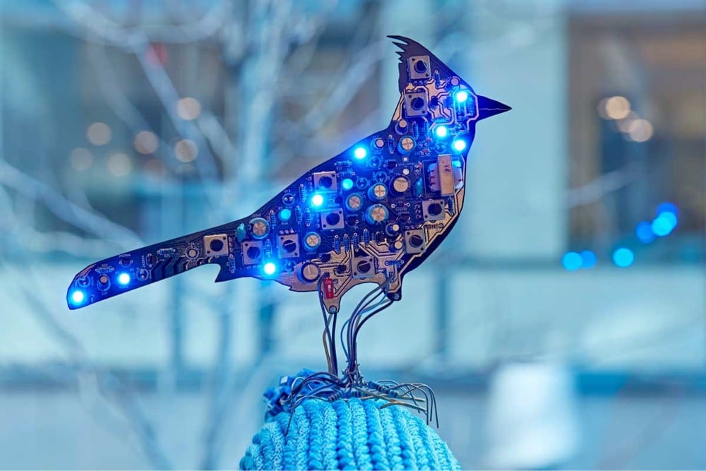 one of Kelly Heaton's printed circuit birds