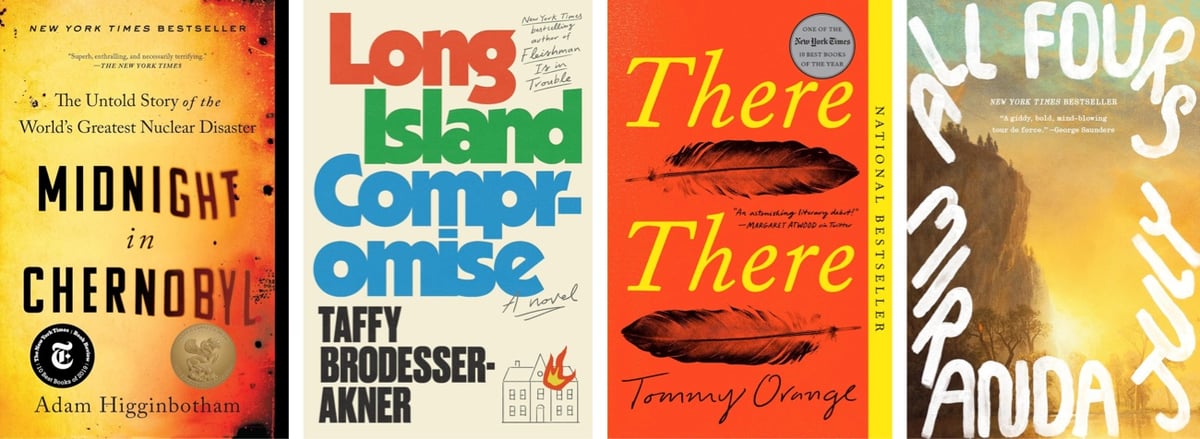 book covers for Midnight in Chernobyl, Long Island Compromise, There There, and All Fours