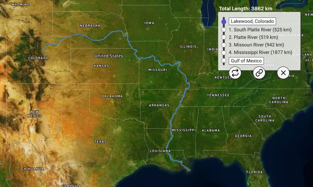 map showing the path of a raindrop that fell in Colorado to the Gulf of Mexico