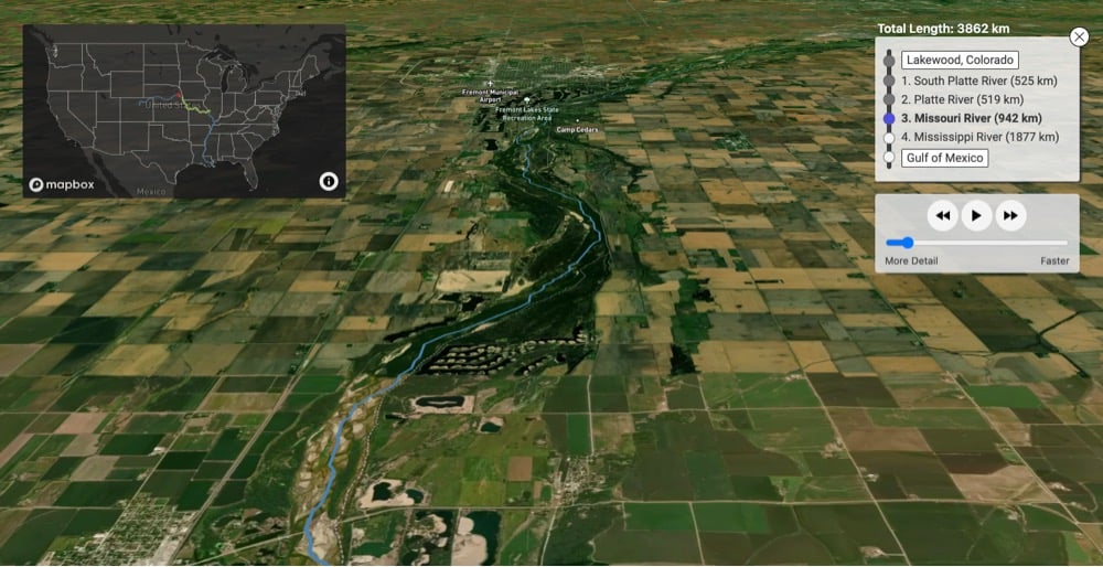 a satellite fly-through view of the path of a raindrop that fell in Colorado to the Gulf of Mexico