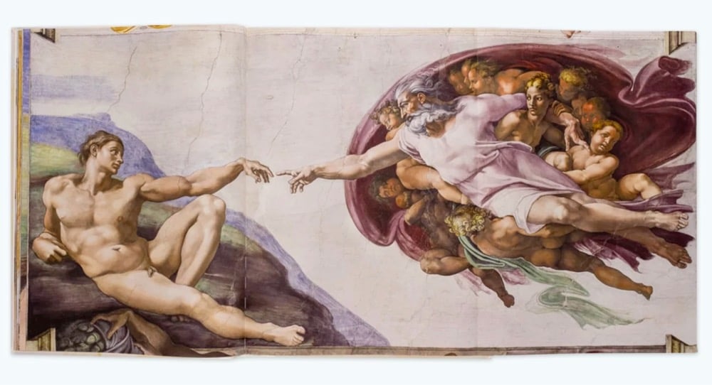 page spreads from a book featuring photos of the Sistine Chapel