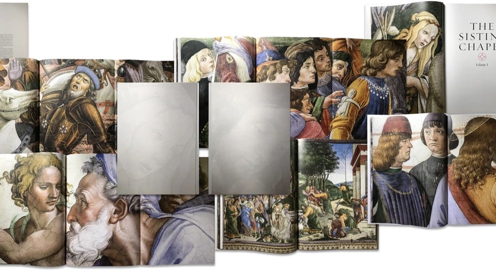 page spreads from a book featuring photos of the Sistine Chapel