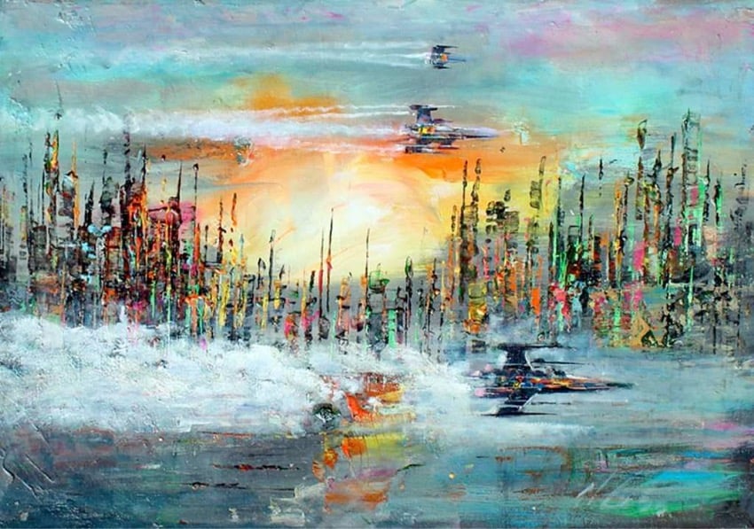 oil painting of Star Wars X-Wing fighters