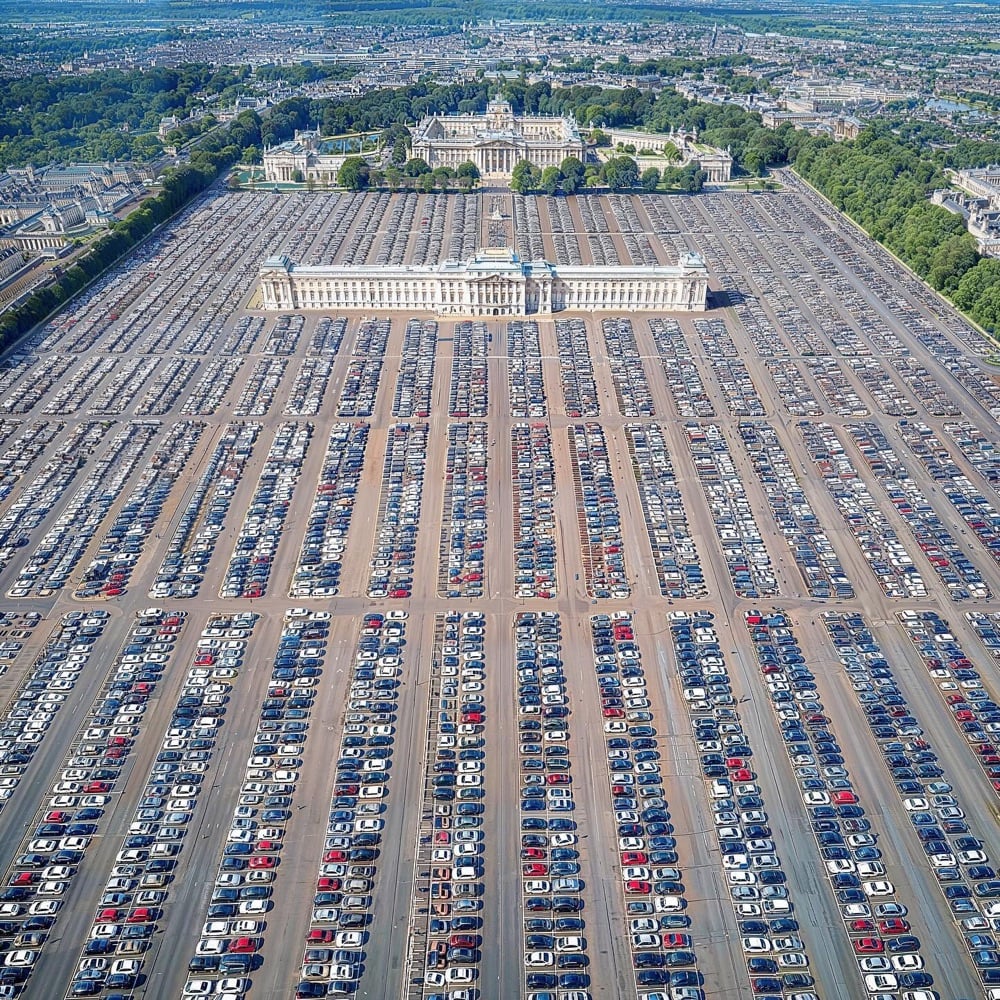 Buckingham Palace in the midst of a huge parking lot