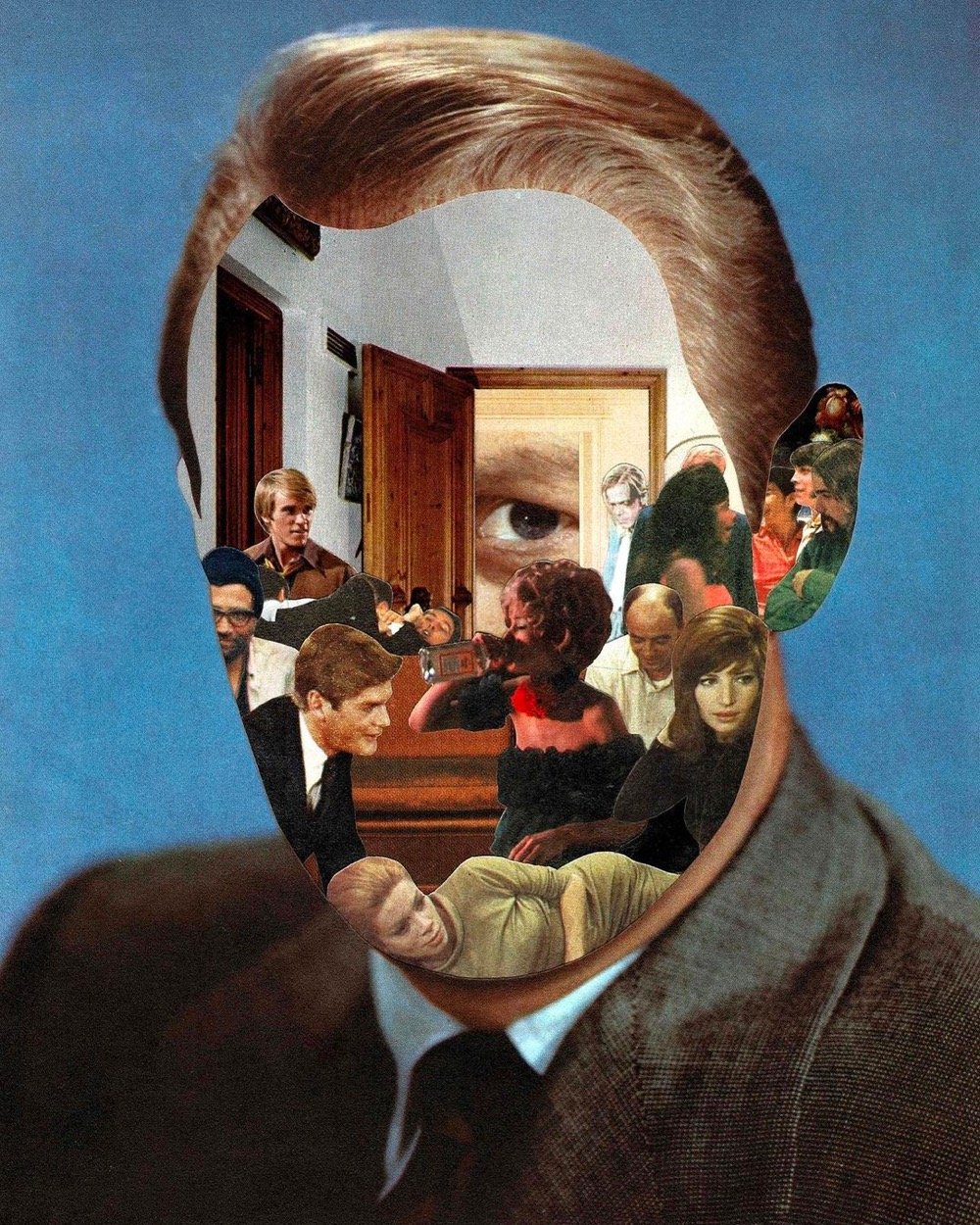 hand-cut collages with a face replaced with various other scenes/objects