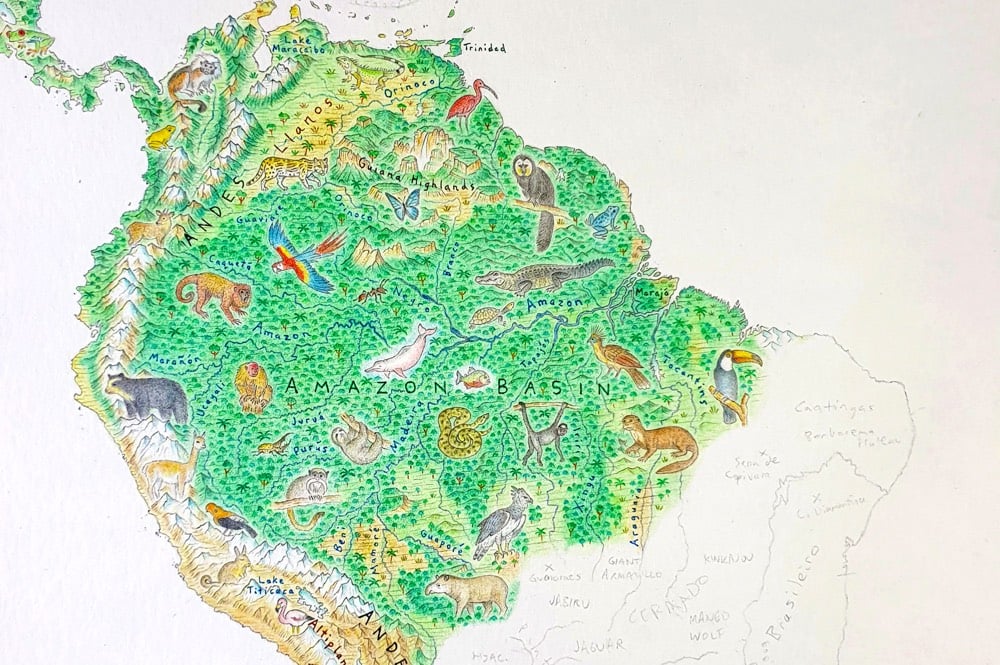 Hand-drawn geographic map of the Earth